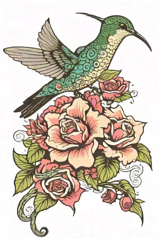 Half sleeve with a hummingbird eating out a Hawaii flowerby the collar bone with a flower design and a snake with roses  tattoo design idea