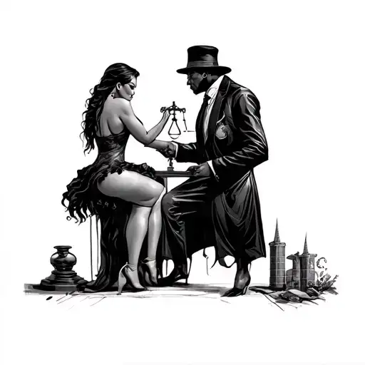 black pimp coat slapping a prostitute holding the scales tattoo design idea