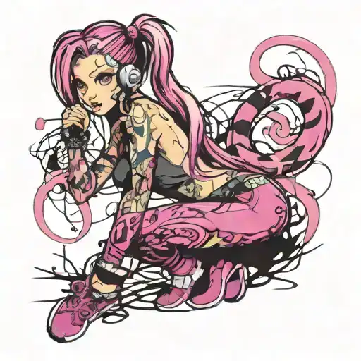 Petite sexy Girl, huge butt, average boobs, skin tight pink entire body clothing, pink eyes, pink really long pigtails. tattoo design idea