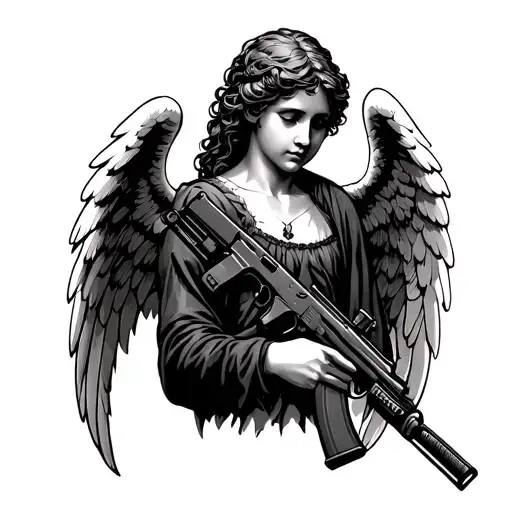 An angel with wings that holds an AK 47 in your hand tattoo design idea