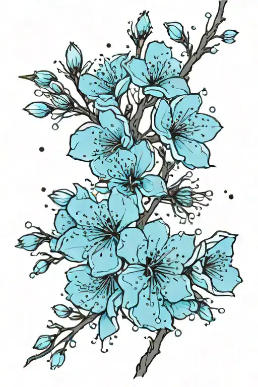 Cherry blossoms, deep blue petals, light blue petals, black branch. Leo constellation, Leo horoscope tattoo design idea