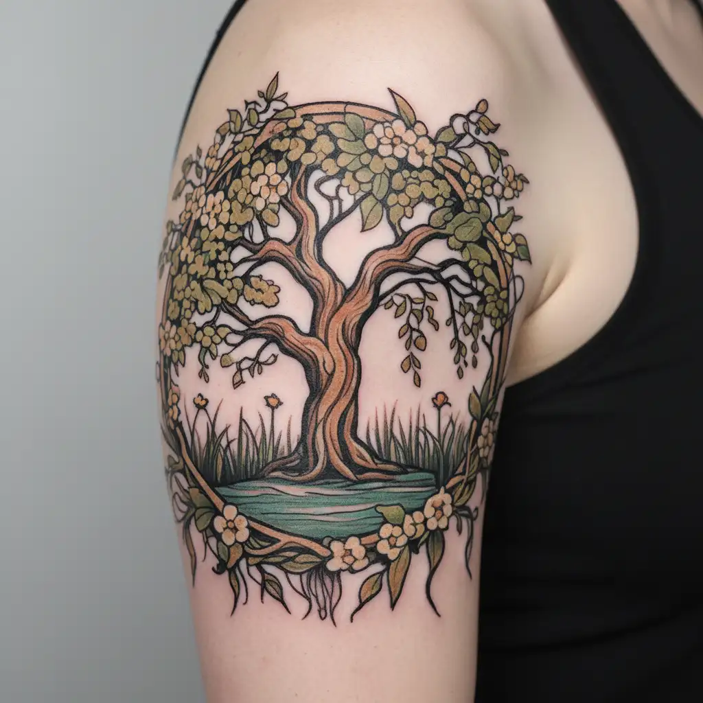 willow tree surrounded by wild flowers blooming tattoo design idea
