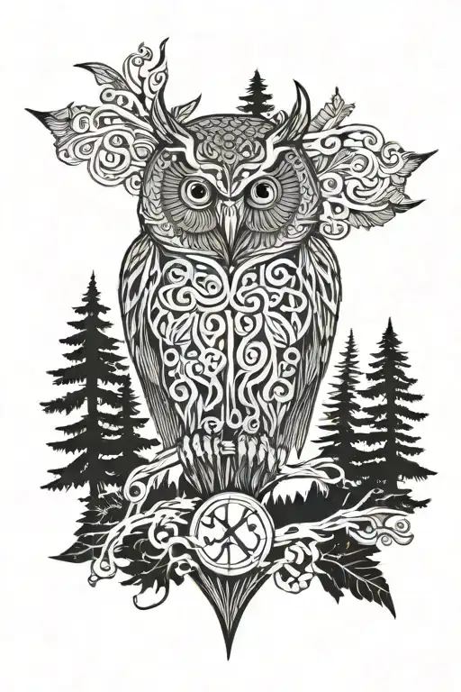 Nordic forest with owl and runes tattoo design idea