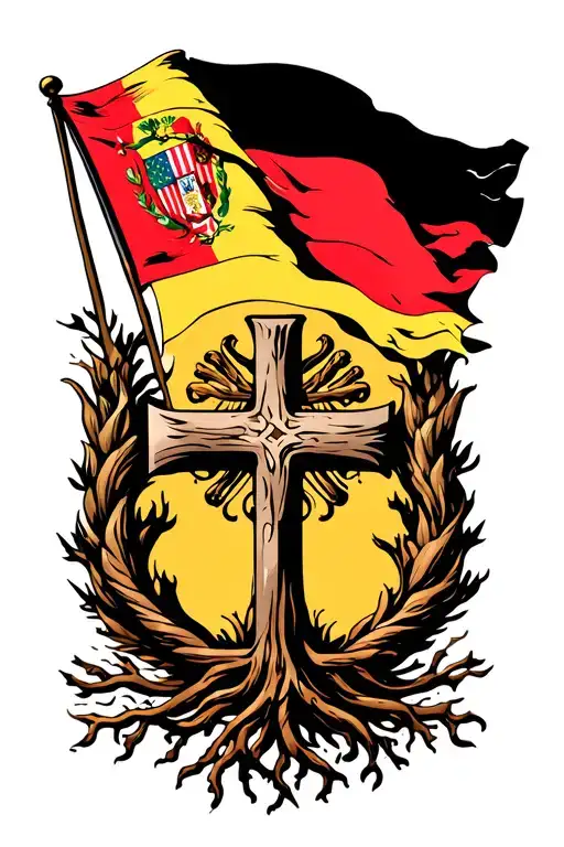 Flag with German and Sicilian flag flying behind the cross, intertwined and roots coming from the bottom of the cross.  tattoo design idea