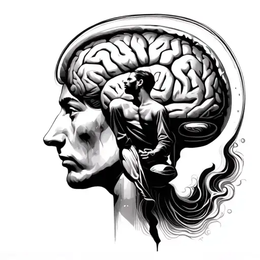 A surreal black ink tattoo showing a man trapped inside his own mind — the man is sitting inside a human brain like a pr tattoo design idea