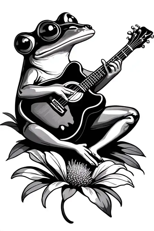 coqui frog playing a guitar while sitting on a Evangeline flower  tattoo design idea