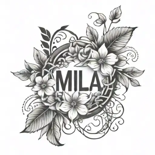 Flower wreath with the name Mila integrated circuitry tattoo design idea