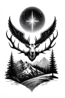 antlers and wings spread wide, north star, Sagittarius symbolism, spiritual, mountain and trees as base tattoo design idea