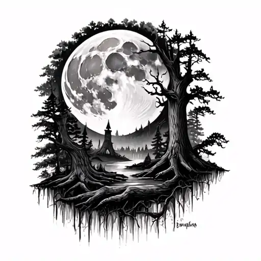 spooky forest with large moon merging together tattoo design idea