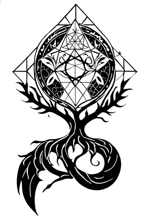 sacred geometry patterns incorporating symbols, incorporate tree of life, metatron cube and other geometrical figures tattoo design idea