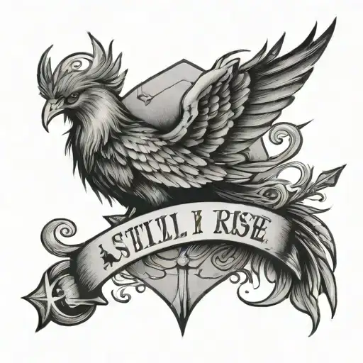 Phoenix clasping Sagittarius arrow with word "and still I rise" tattoo design idea