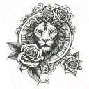 eye, lion head, clock, roman script, rose tattoo design idea