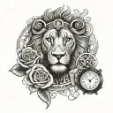 eye, lion head, clock, roman script, rose tattoo design idea