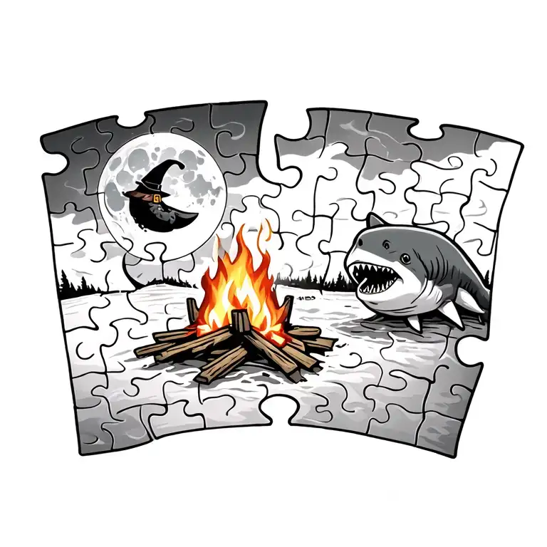 puzzle piece, camping, witch, moon, campfire, shark tattoo design idea
