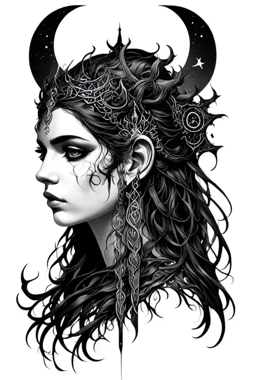 Dark goddess Hecate portrait with triple moon symbol tattoo design idea