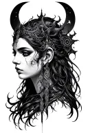 Dark goddess Hecate portrait with triple moon symbol tattoo design idea