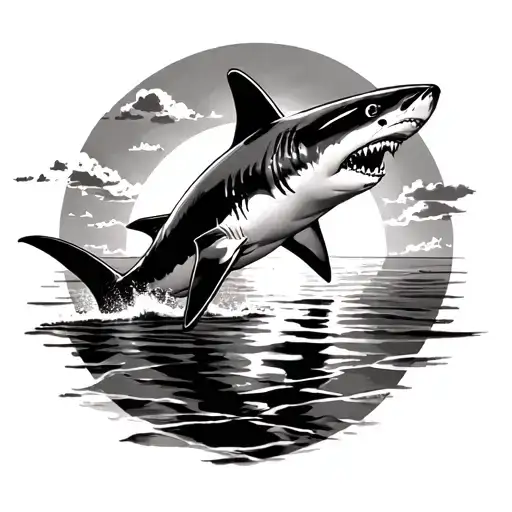 Bull Shark and sun setting tattoo design idea