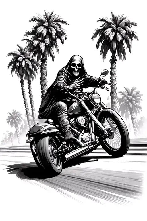 Grim reaper on a motorcycle  going down the highwaywith palm trees tattoo design idea