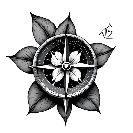 compass arrow with orchid in middle tattoo design idea