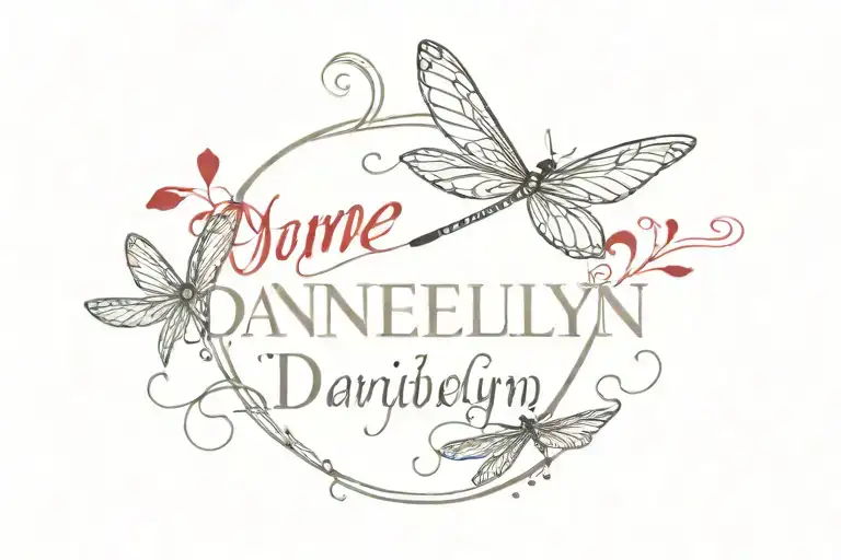 name "Daniellynn" with red ace playing cards to the left and a dragon fly on the right simple  tattoo design idea