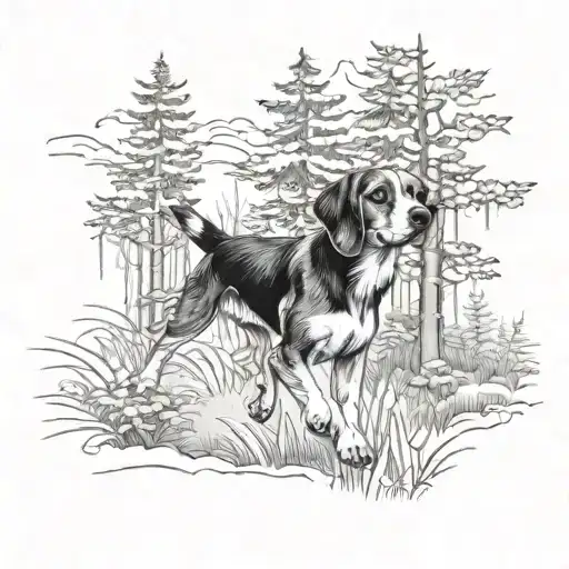 A detailed blackwork tattoo of a beagle dog running through a forest tattoo design idea