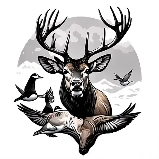 elk deer and ducks flying tattoo design idea