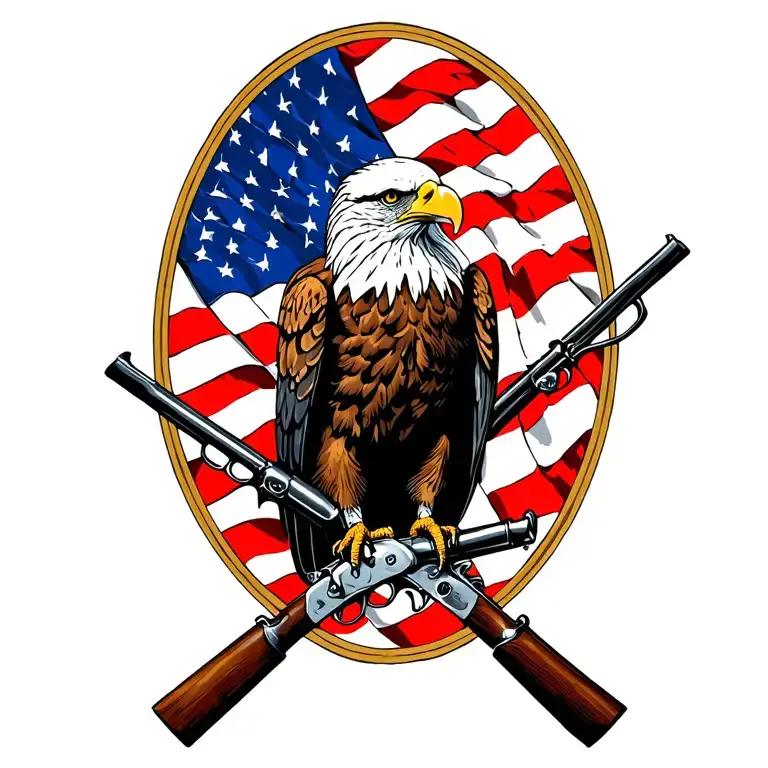 Bald Eagle perched on 2 old muskets crossed like an X with an American flag waving in the background. tattoo design idea
