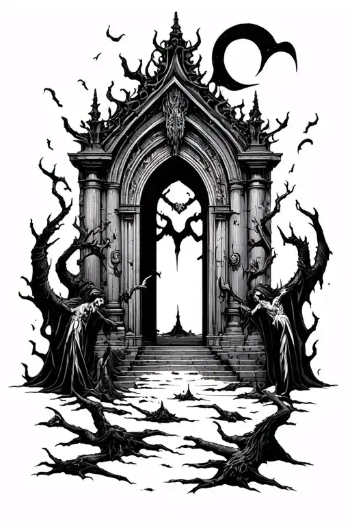 gates of hell with falling souls  tattoo design idea