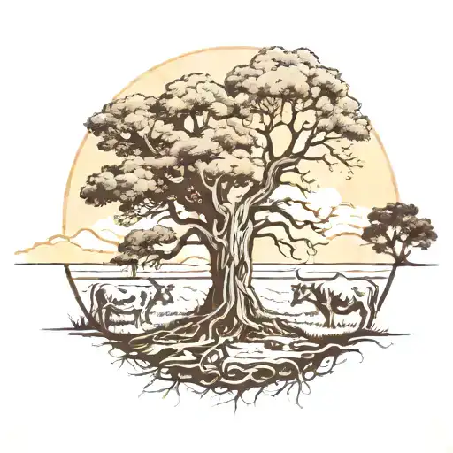 backround: ranch landcape grazing cattle and sunstet incorprate a tree with roots that intertwine with the landscape  tattoo design idea