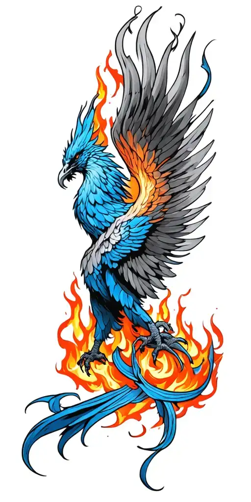 Blue Phoenix rising from flames surrounding for forearm tattoo design idea