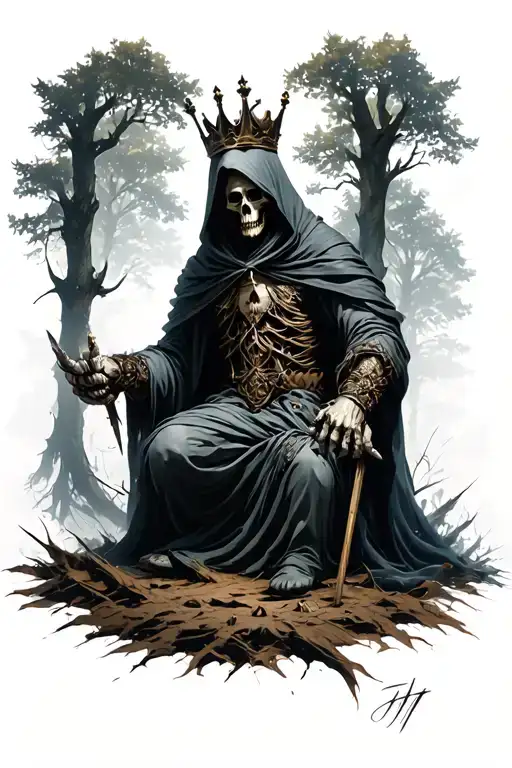 fallen necromancer like figure with a hood and a crown. still fighting and couraegous but worn down. surrounded by trees tattoo design idea