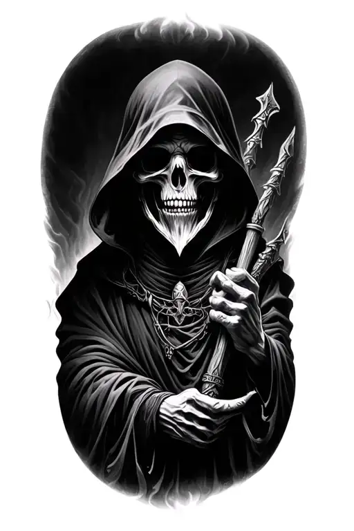 A hyper-realistic black and gray full forearm tattoo design in a dark gothic style. At the center, a Grim Reaper holdin tattoo design idea