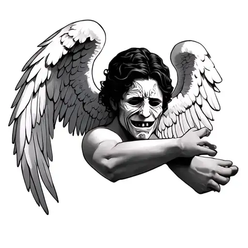 angel half of his face is shown sad the other get covered from a happy mask the angel grabs with his hand tattoo design idea