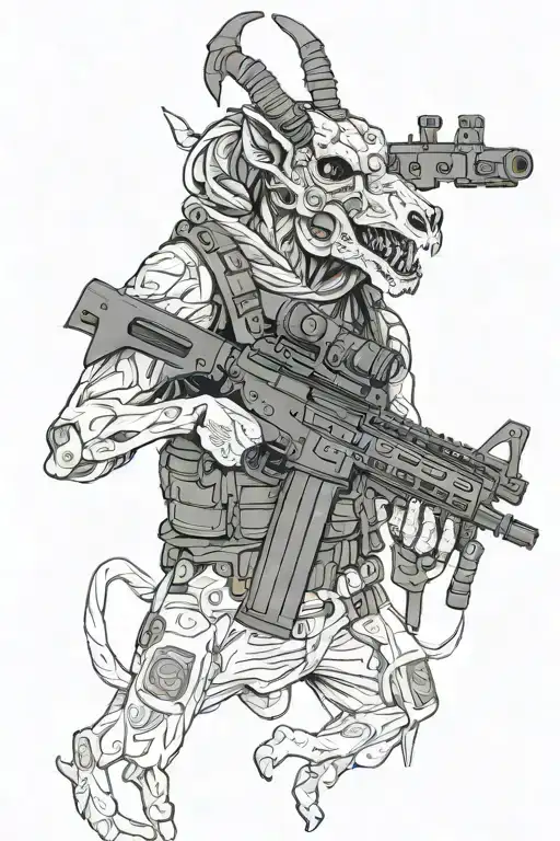 ar15 assault rifle, nvg on reaper next to goat tattoo design idea