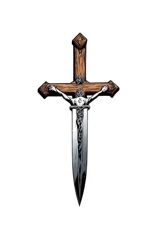 sword and hand plow with a crucifix wooden cross tattoo design idea