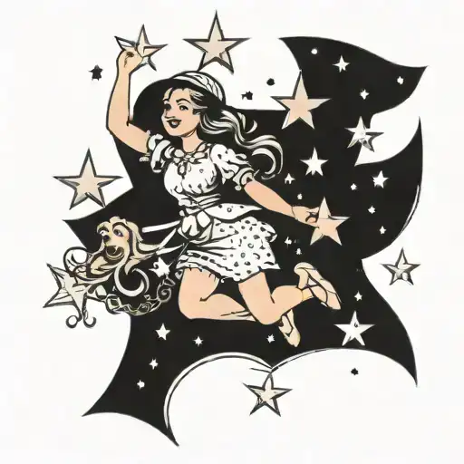 Parade of stars with girl floating carefree careless peace tattoo design idea