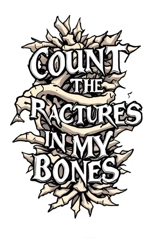 The text" count the fractures in my bones" in a bold font and an image of broken bones tattoo design idea