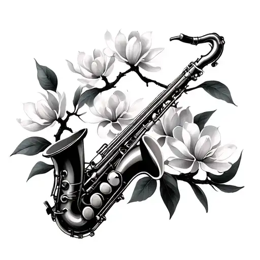 magnolia tree branch with saxophone intertwined tattoo design idea