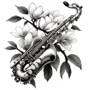 magnolia tree branch with saxophone intertwined tattoo design idea