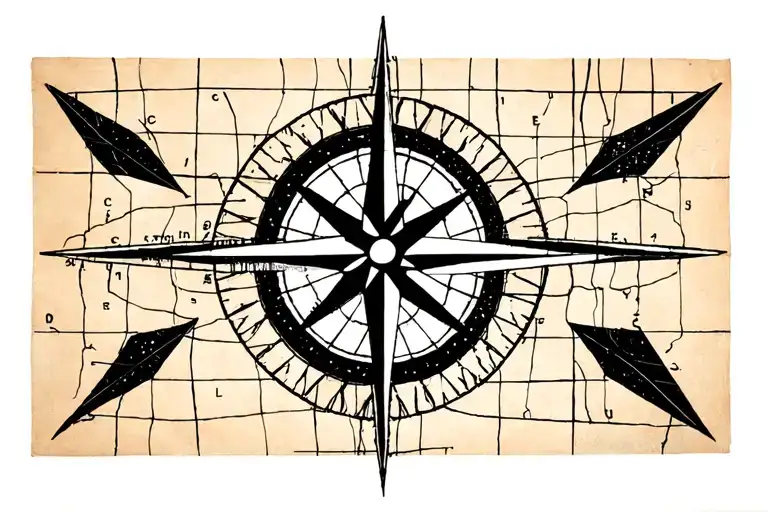 map lines (lat/long lines I mean), a compass rose or north arrow, bill the butcher from "gangs of new york", nordic symb tattoo design idea