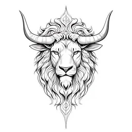 Bull head and lion head merged as a mandala in the Greek stem tattoo design idea
