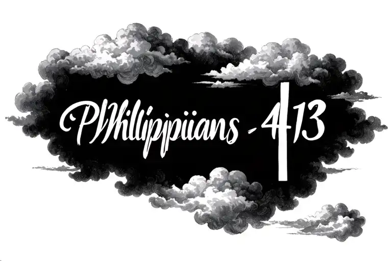 Philippians 4:13 written in cursive with clouds surrounding the text and cross in the background tattoo design idea
