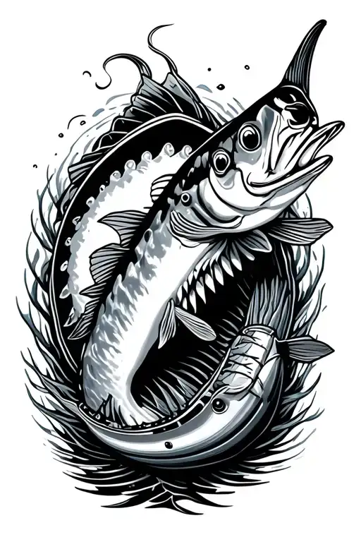 kayak and barracuda fish tattoo design idea