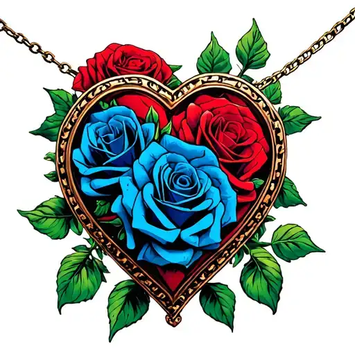 Red and blue roses heart shaped locket tattoo design idea