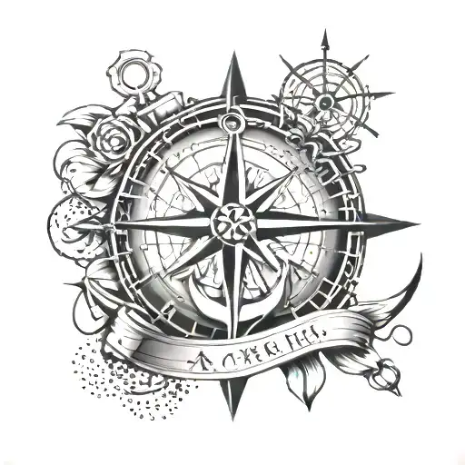anchor, ship and compass with cordinates, navy vibe, simple easy design tattoo design idea