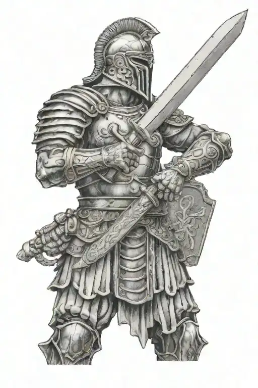 An intricate half sleeve design featuring a Roman gladiator with a stoic expression, holding a sword engraved with a Bible scripture, with aerate symbols intertwining throughout the background tattoo design idea