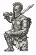 An intricate half sleeve design featuring a Roman gladiator with a stoic expression, holding a sword engraved with a Bible scripture, with aerate symbols intertwining throughout the background tattoo design idea