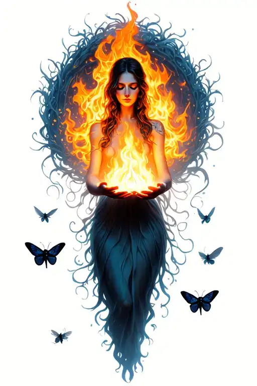 feminine figure holding glowing flame in her palms, surrounded by tiny moths and protective shadows — not afraid of fire tattoo design idea
