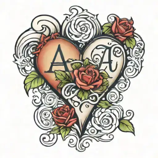 3 hearts with the letters a t a inside of the hearts with vines and roses tattoo design idea