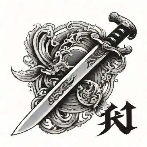 chinese sword with H letter inside tattoo design idea